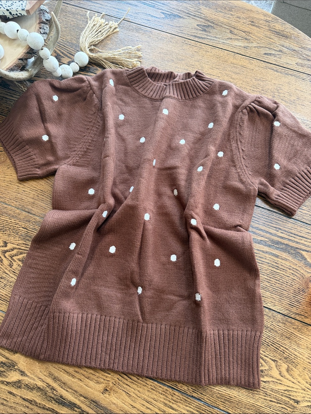 River Polka Dot Bubble Short Sleeve Sweater - Chestnut